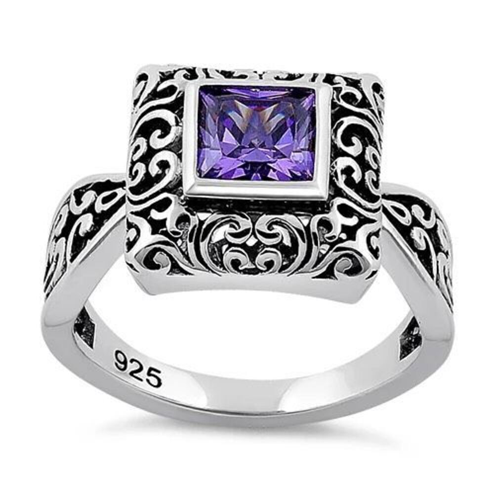 Sterling Silver Ornate Square Cut Amethyst CZ Ring New
